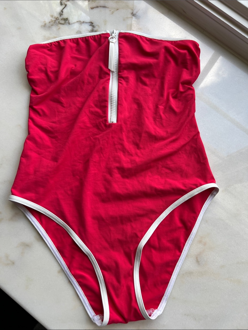 Strapless Red One-Piece Swimsuit with White Trim